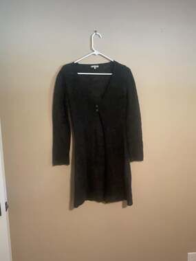 Laurie B. Dark Gray Acrylic Mohair Blend Button-Front V-Neck Sweater Dress